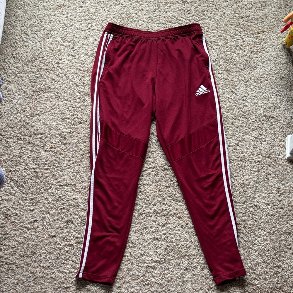 Adidas adult Large Burgundy Joggers with White Stripes